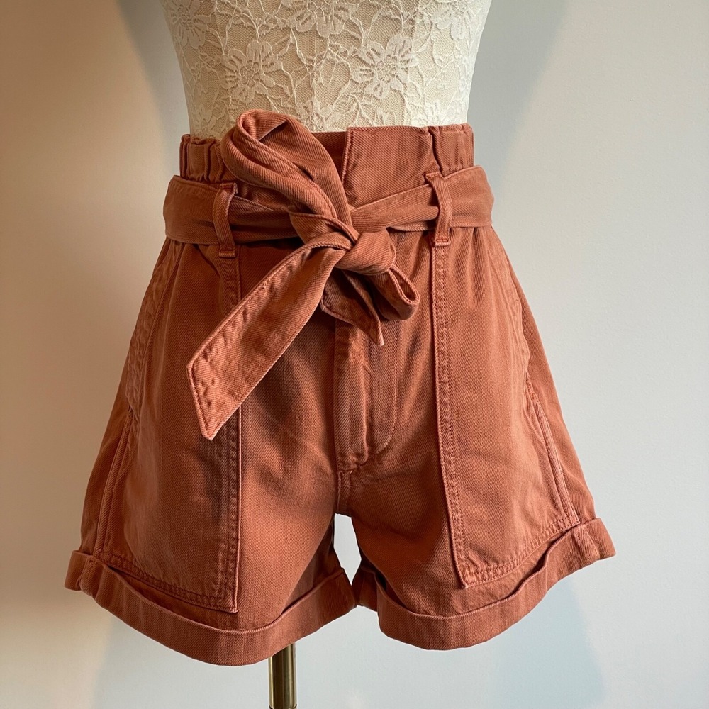 AMO‎ Paperbag Short Suntan Terracotta High Waist Tie Belt Denim Shorts Size 25